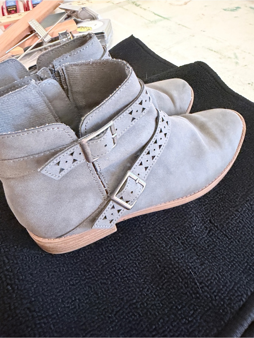 American Eagle Outfitters Gray Suede Ankle Booties with Buckle Straps